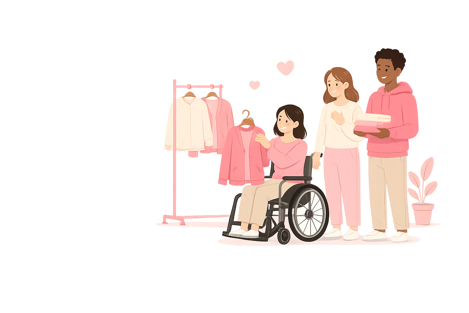 People browsing accessible clothing, including a wheelchair user