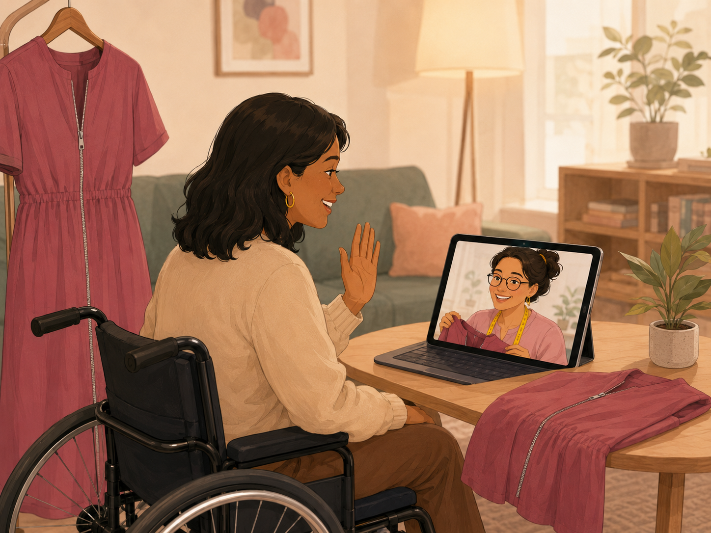 A wheelchair user having a remote garment consultation with a tailor