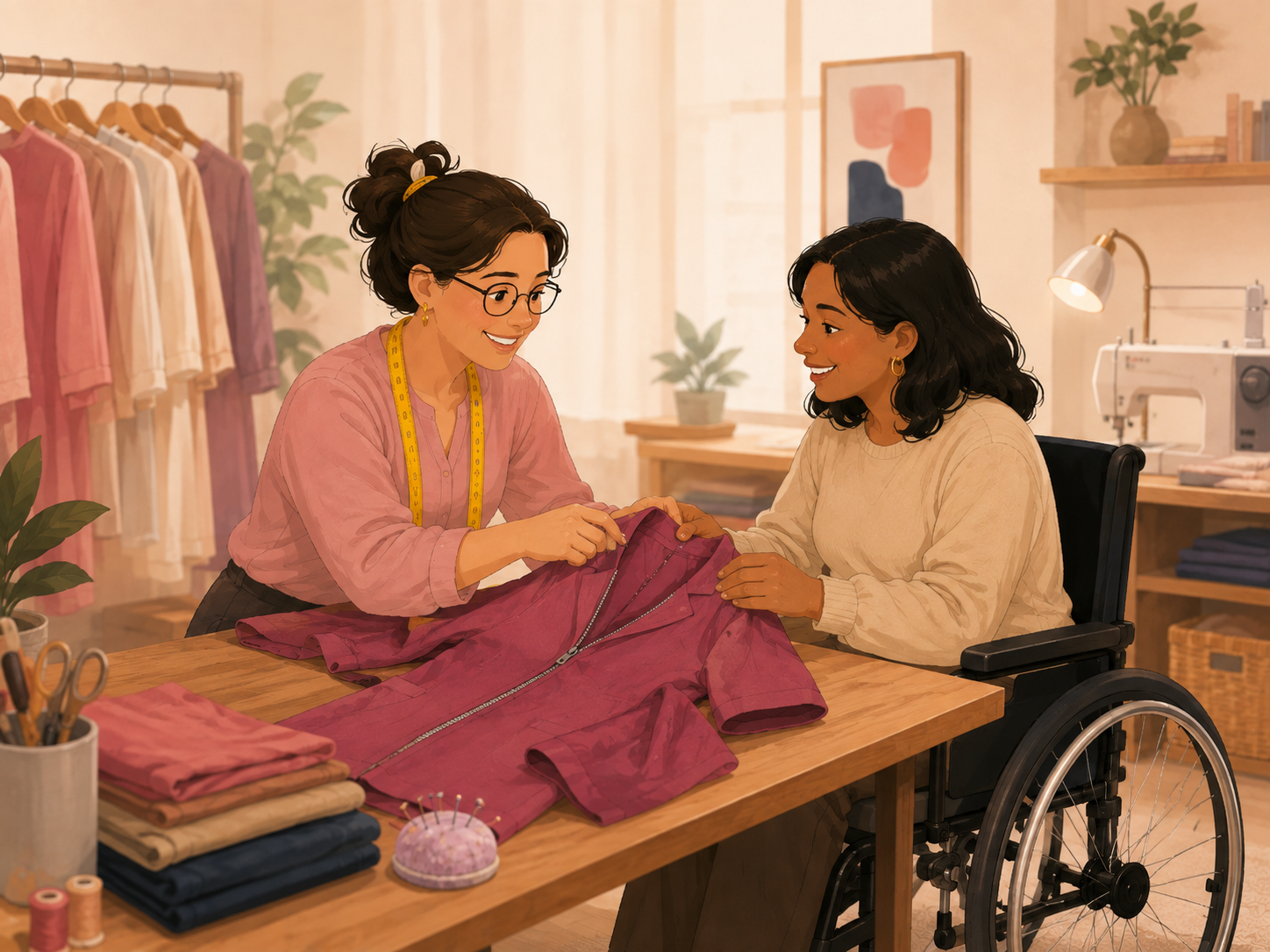 A tailor discussing a front-zip garment with a wheelchair user