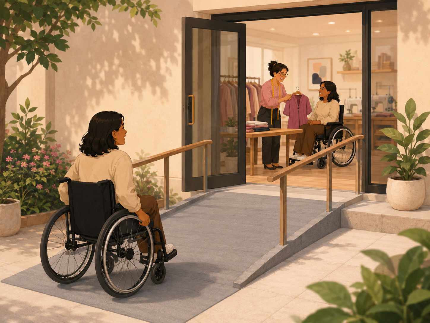 A wheelchair user approaching a sewing studio by a step-free ramp