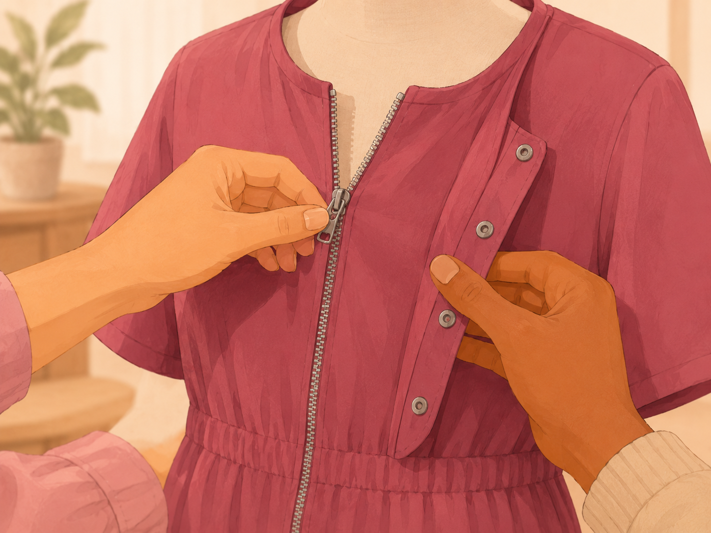 Hands demonstrating an accessible zip and snap fastening